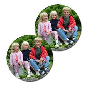 Matching personalised round photo coasters