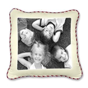 Printed photo Cushion Cover with red and silver piping