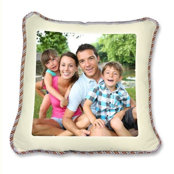 Printed photo silky cream Cushion Cover with gold and silver piping