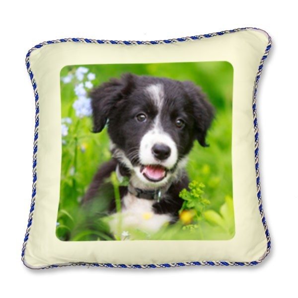 Printed photo Cushion with blue and silver piping
