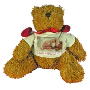 Personalised New Baby gift Teddy Bear with red velvet bow-tie